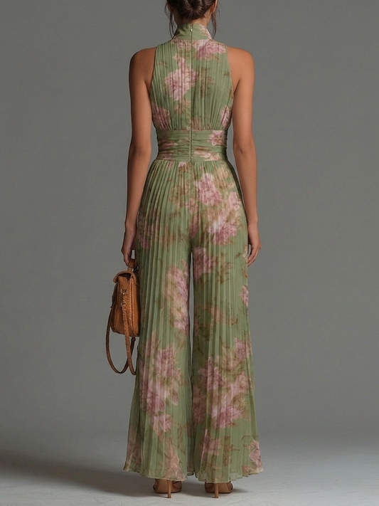 Tuta in Chiffon Verde Floreale Senza Maniche con Zip
