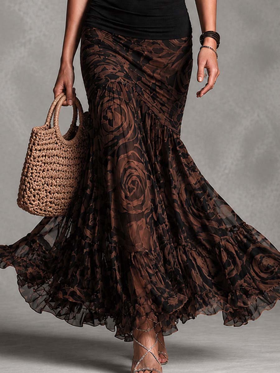 Rossana | Completo Due Pezzi Top Halter Nero e Gonna Maxi in Rete con Rose