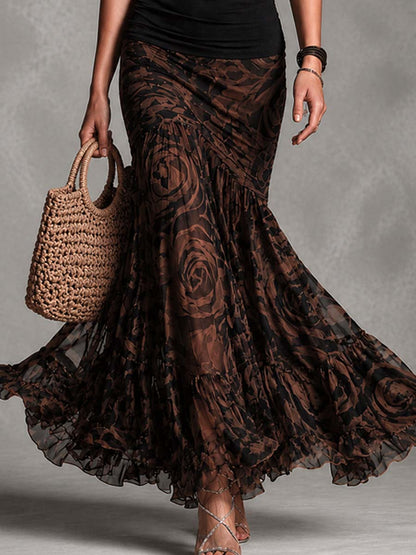 Rossana | Completo Due Pezzi Top Halter Nero e Gonna Maxi in Rete con Rose