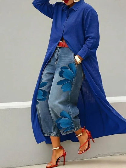 Maud | Coordinato Camicia Lunga e Jeans a Fiori