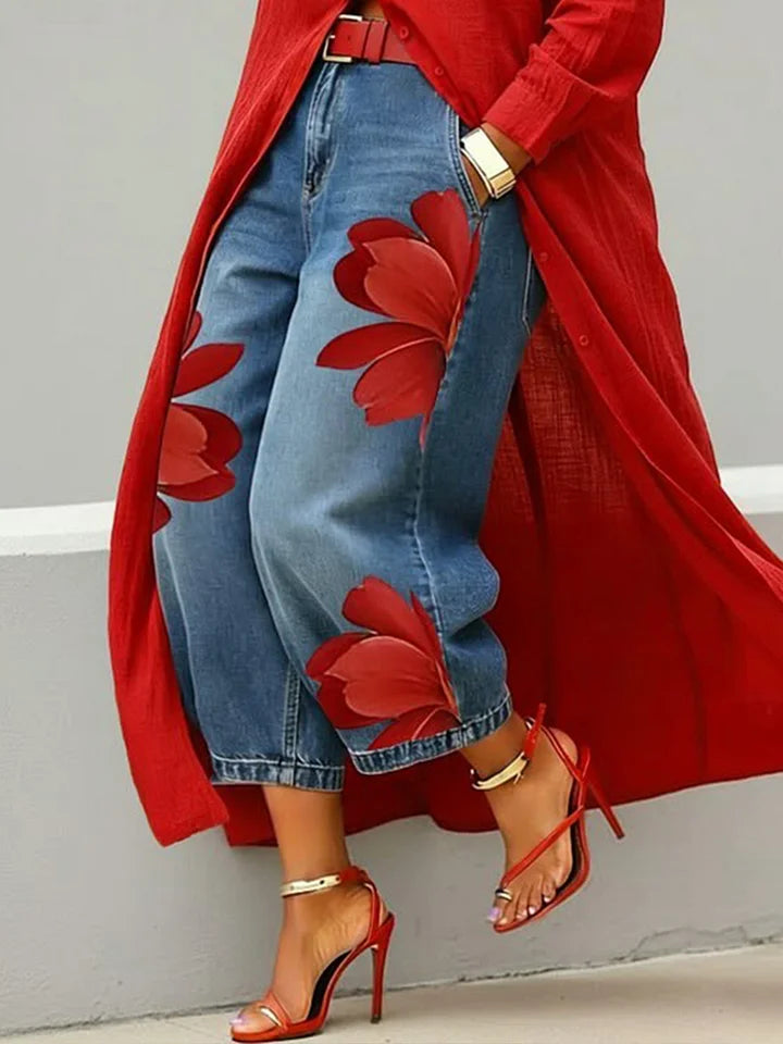 Maud | Coordinato Camicia Lunga e Jeans a Fiori