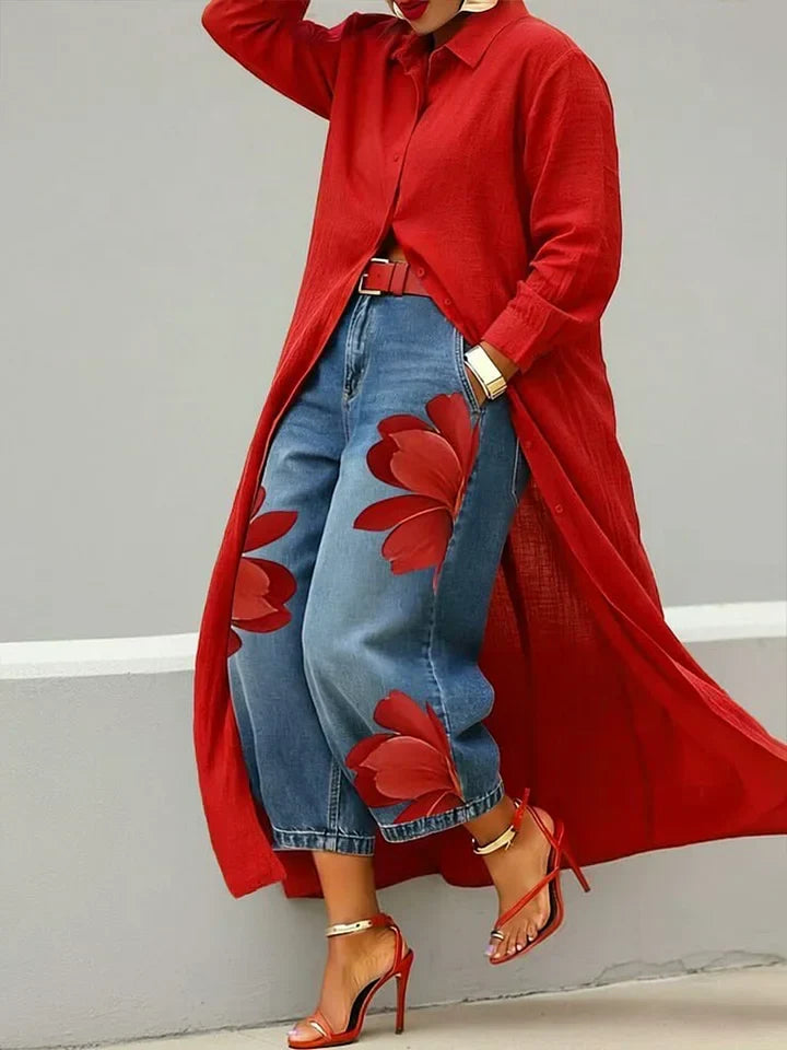Maud | Coordinato Camicia Lunga e Jeans a Fiori