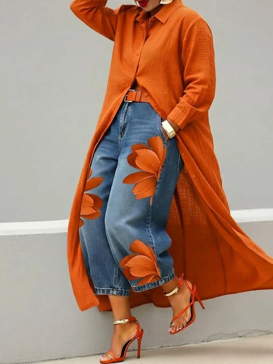 Maud | Coordinato Camicia Lunga e Jeans a Fiori