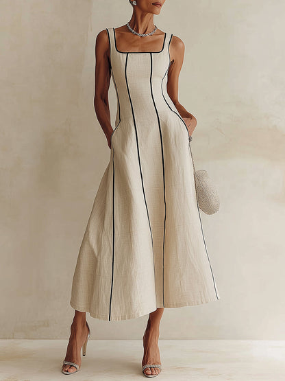 Camille | Abito Maxi a Linea A a Righe in Lino, Bordo Nero