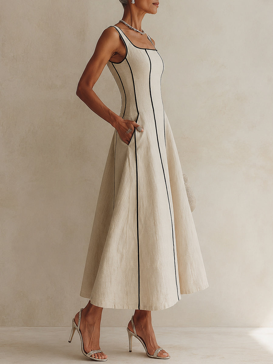 Camille | Abito Maxi a Linea A a Righe in Lino, Bordo Nero