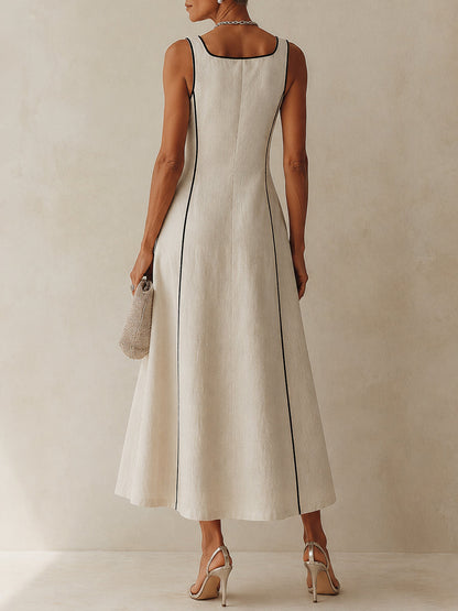 Camille | Abito Maxi a Linea A a Righe in Lino, Bordo Nero