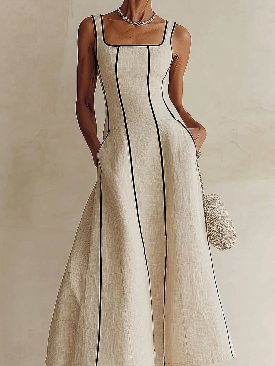 Camille | Abito Maxi a Linea A a Righe in Lino, Bordo Nero