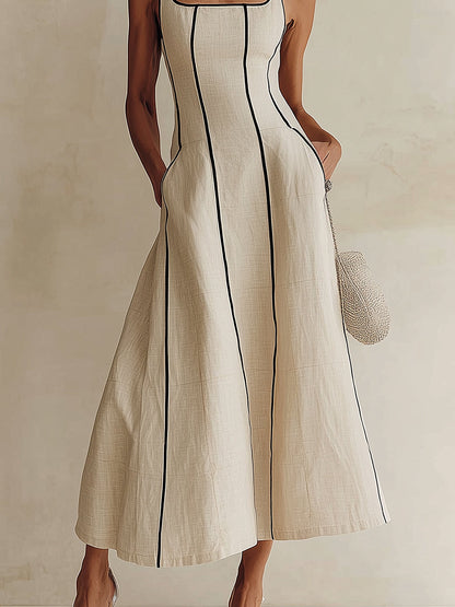 Camille | Abito Maxi a Linea A a Righe in Lino, Bordo Nero