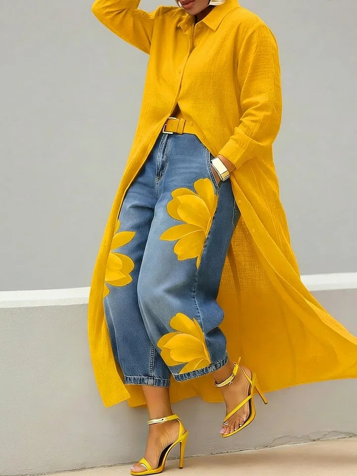 Maud | Coordinato Camicia Lunga e Jeans a Fiori