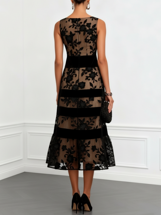 Abito Midi A-Line Senza Maniche in Rete Nera con Fiori
