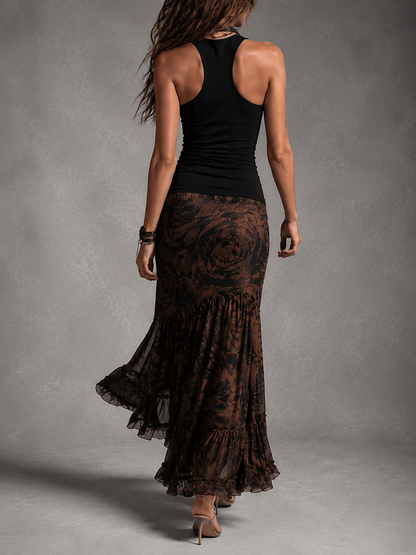 Rossana | Completo Due Pezzi Top Halter Nero e Gonna Maxi in Rete con Rose