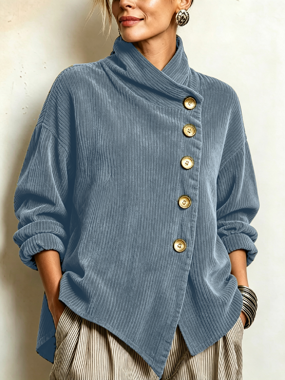 Lucilla | Top in Velluto a Coste con Abbottonatura Diagonale