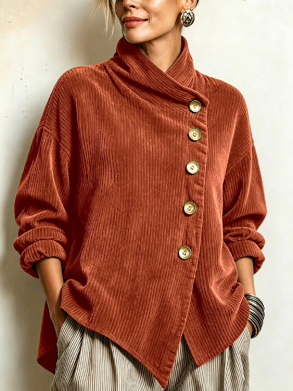 Lucilla | Top in Velluto a Coste con Abbottonatura Diagonale