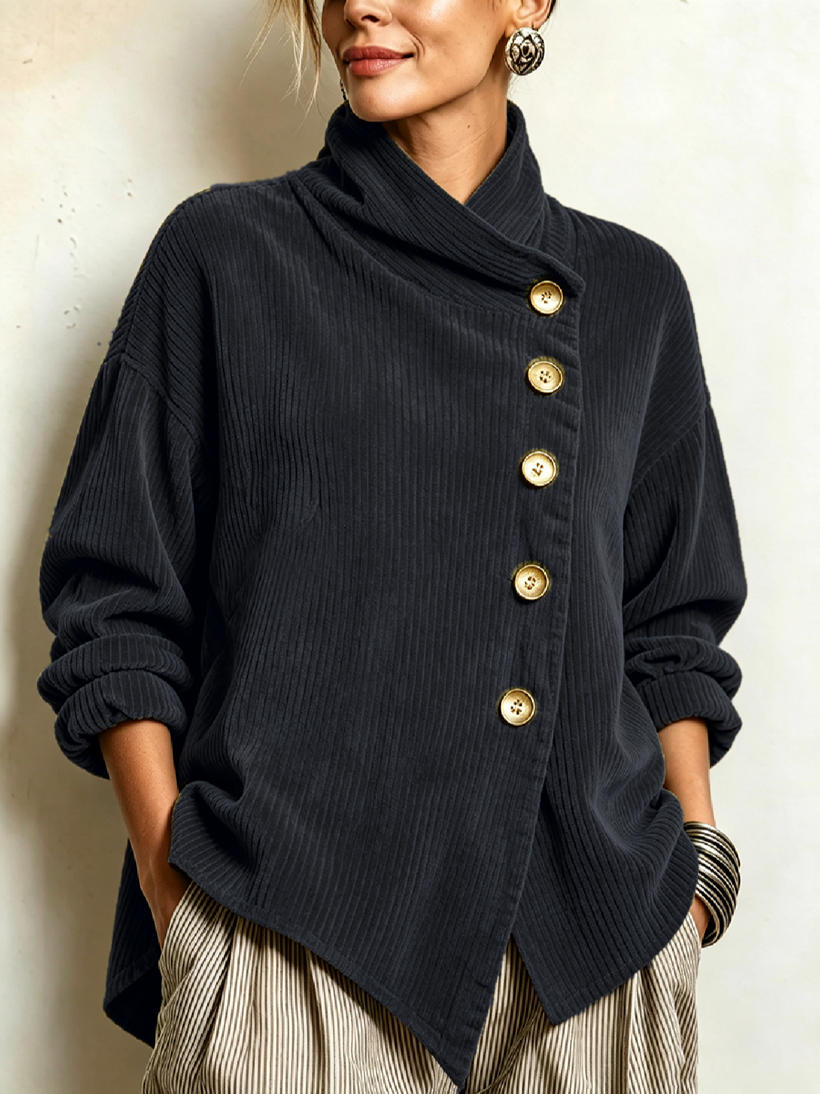 Lucilla | Top in Velluto a Coste con Abbottonatura Diagonale
