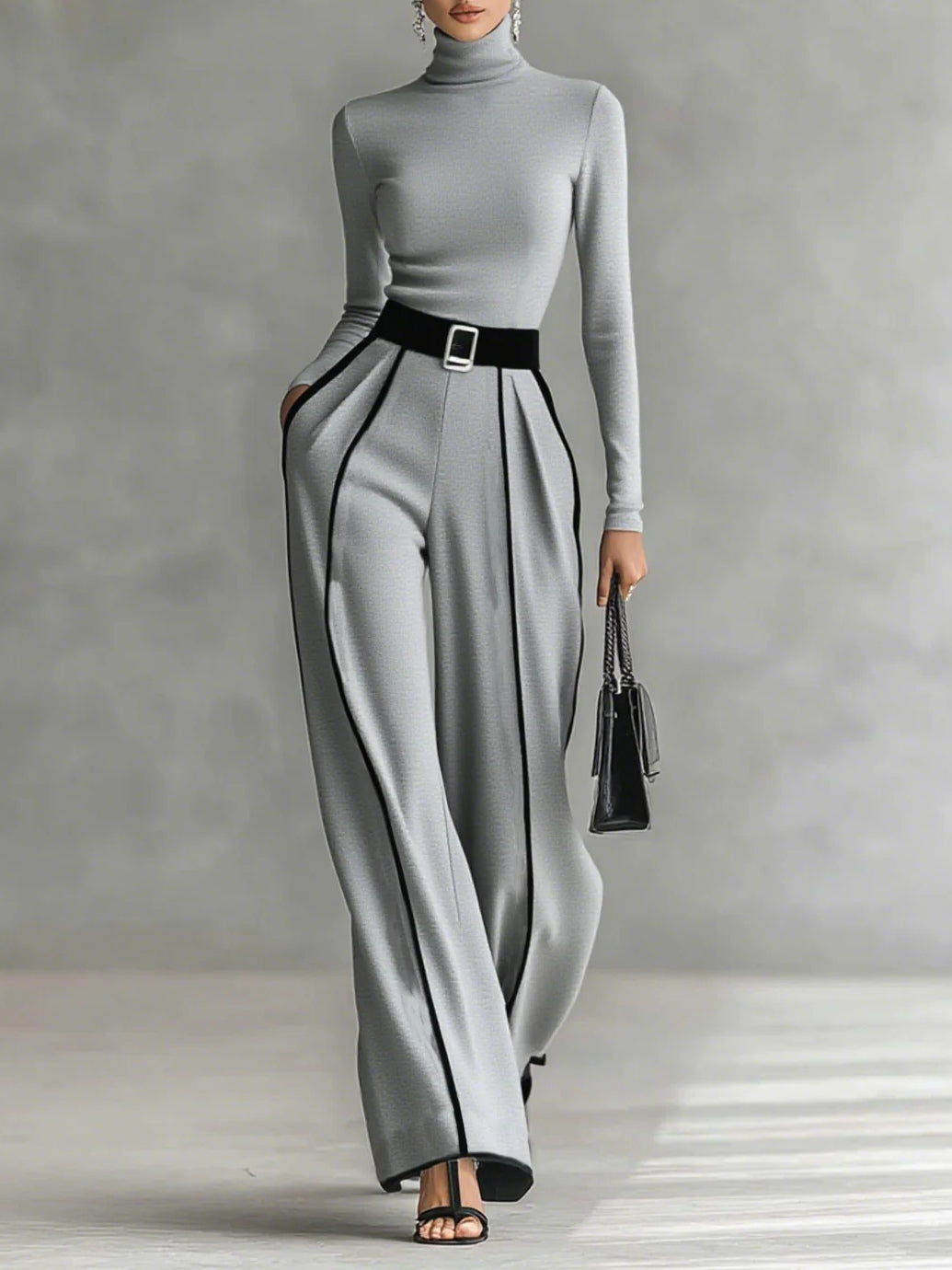 Masi™ - Completo top a collo alto con maniche lunghe e pantaloni a gamba larga con cintura