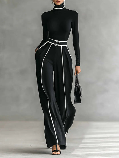 Masi™ - Completo top a collo alto con maniche lunghe e pantaloni a gamba larga con cintura