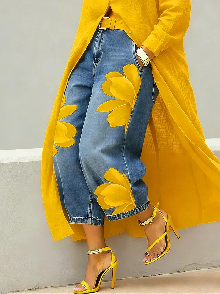 Maud | Coordinato Camicia Lunga e Jeans a Fiori