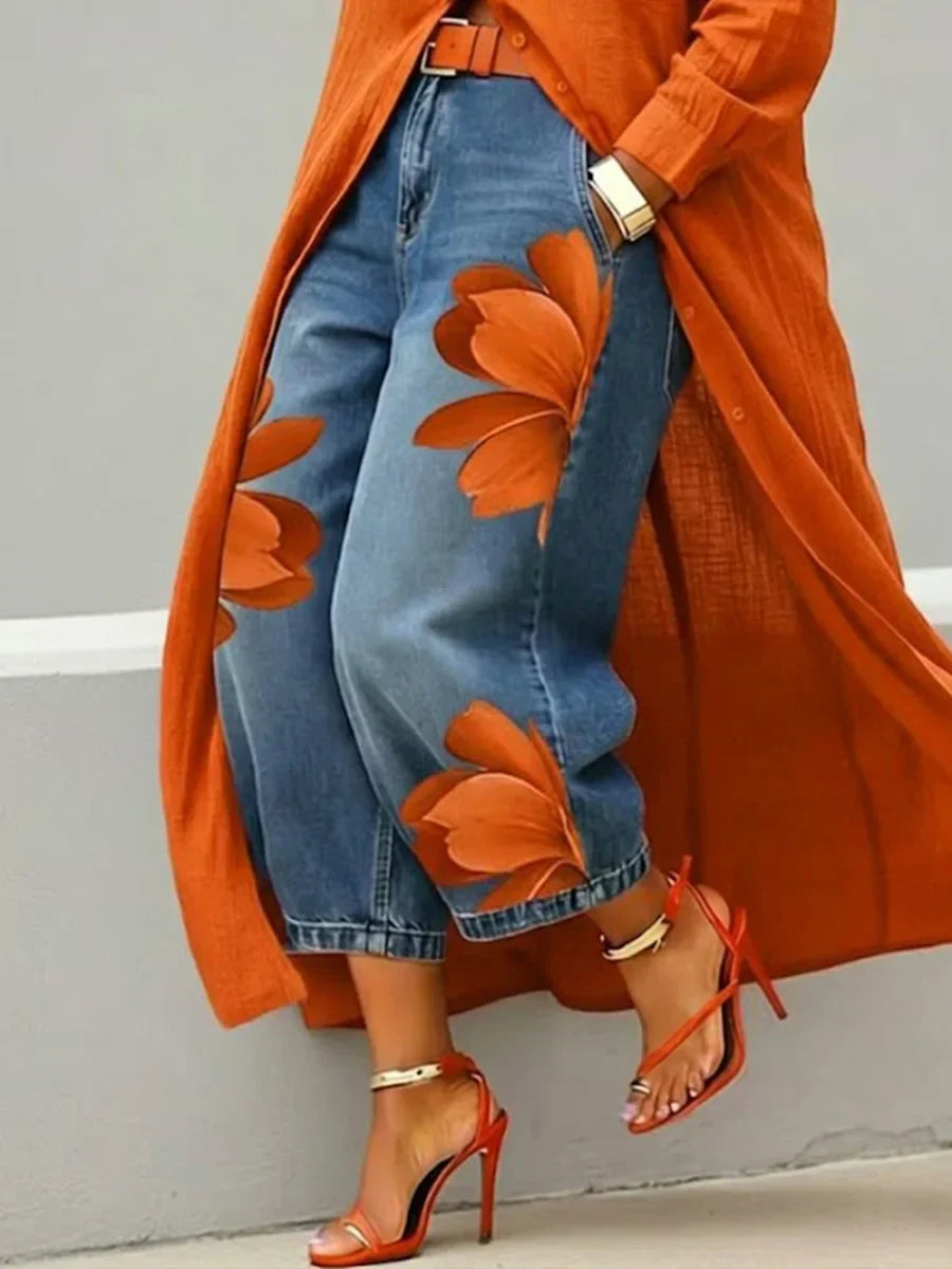 Maud | Coordinato Camicia Lunga e Jeans a Fiori