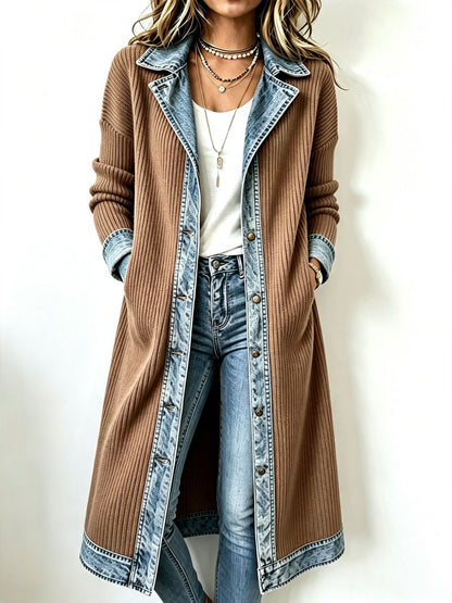 Rosalinda | Cardigan Lungo in Maglia con Dettagli in Denim